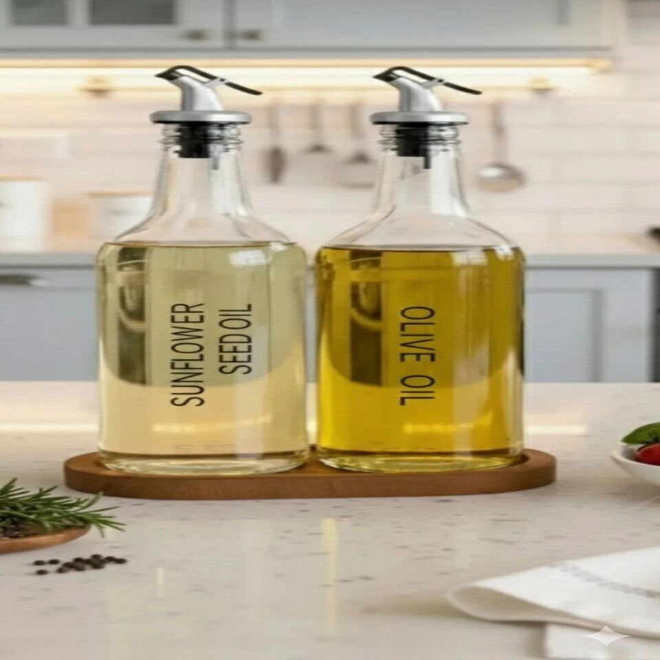 Ahşap Stantlı 2'Li Cam 750 Ml Zeytinyağı Ayçiçek Yağı Şişesi Şeffaf