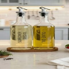 Ahşap Stantlı 2'Li Cam 750 Ml Zeytinyağı Ayçiçek Yağı Şişesi Şeffaf