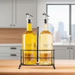 Şık Sunum 750 Ml Cam: Ayçiçek ve Zeytinyağı İçin İkili Yağlık ve Metal Stand Takımı