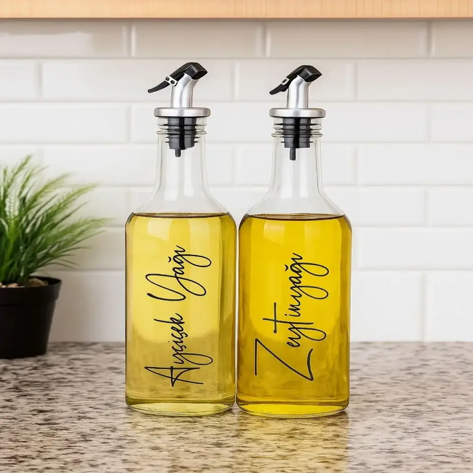 Premium 2 li Yağ Seti 750 Ml Cam Zeytinyağı Ayçiçek Yağı El Yazılı Şık Şişe