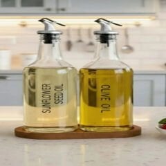Ahşap Stantlı 2'li 750 ml Ayçiçek Yağı Zeytinyağı Cam Şişe yağdanlık