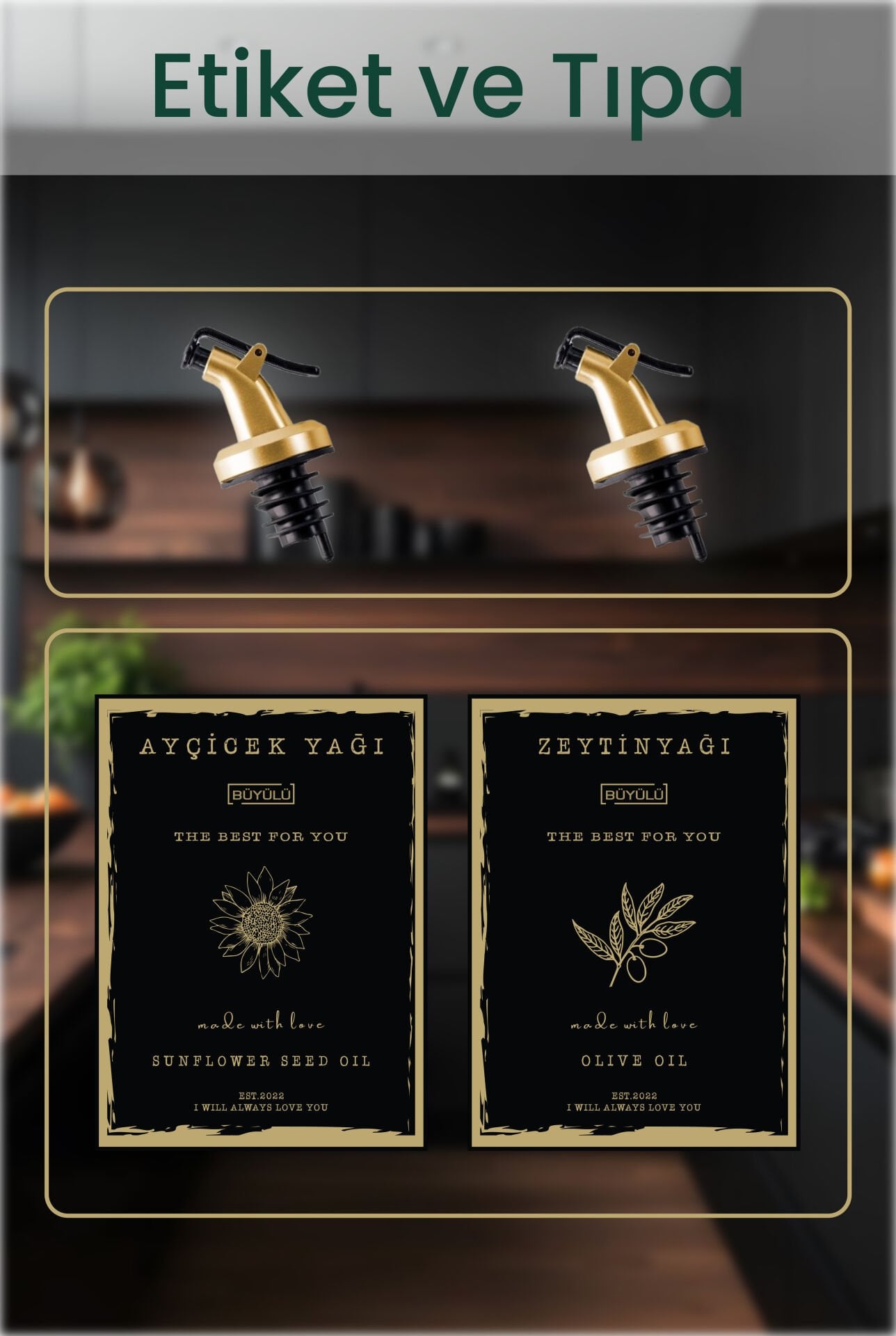 Yağdanlık İçin Gold Damlatmaz Tıpa ve Gold Etiket Suya Dayanıklı