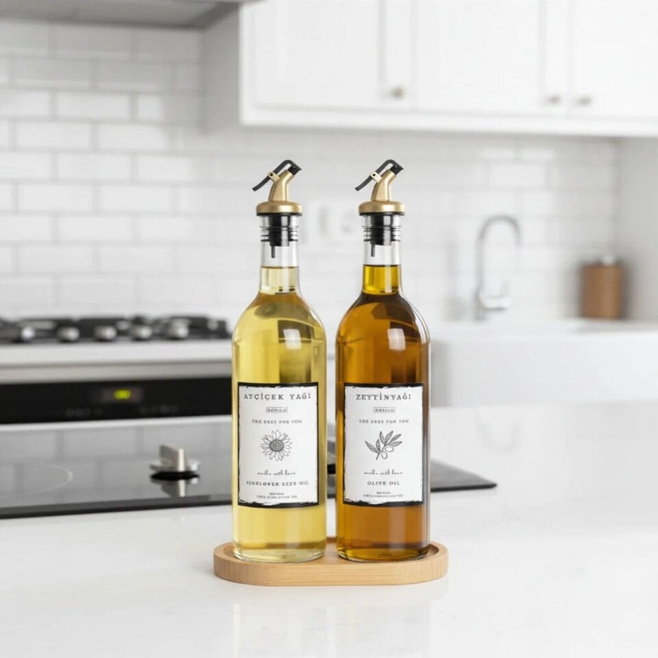 Ahşap Stantlı 750 ml Şeffaf Cam  Ayçiçek Yağı Zeytinyağı Şisesi