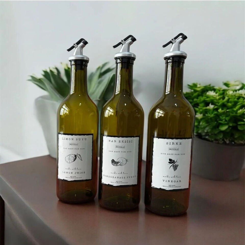 3'lü 750 ml Amber Damlatmaz Cam şişe Limon Sirke Nar Eksisi Etiketli