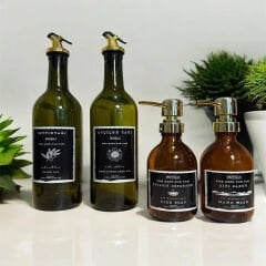 4 LÜ GOLD TIPA VE POMPALI SET AMBER CAM ŞİŞE SET 2 ADET YAĞDANLIK - 2 ADET SABUNLUK SET