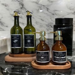 6 LI GOLD TIPA VE POMPALI SET AMBER CAM ŞİŞE SET 2 ADET YAĞDANLIK - 2 ADET SABUNLUK SET - 2 STANT