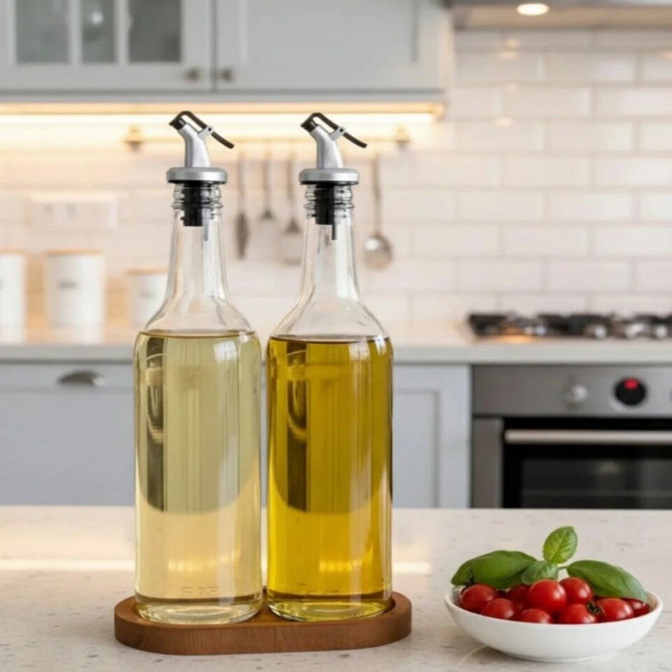 Ahşap Stantlı 2 li Cam Şeffaf 750 ml Ayçiçek Yağı Zeytinyağı Şişesi Yağdanlık