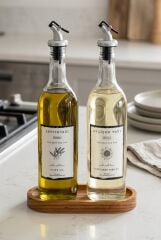 Ahşap Stantlı 2 li Cam Şeffaf 750 ml Ayçiçek Yağı Zeytinyağı Şişesi Yağdanlık