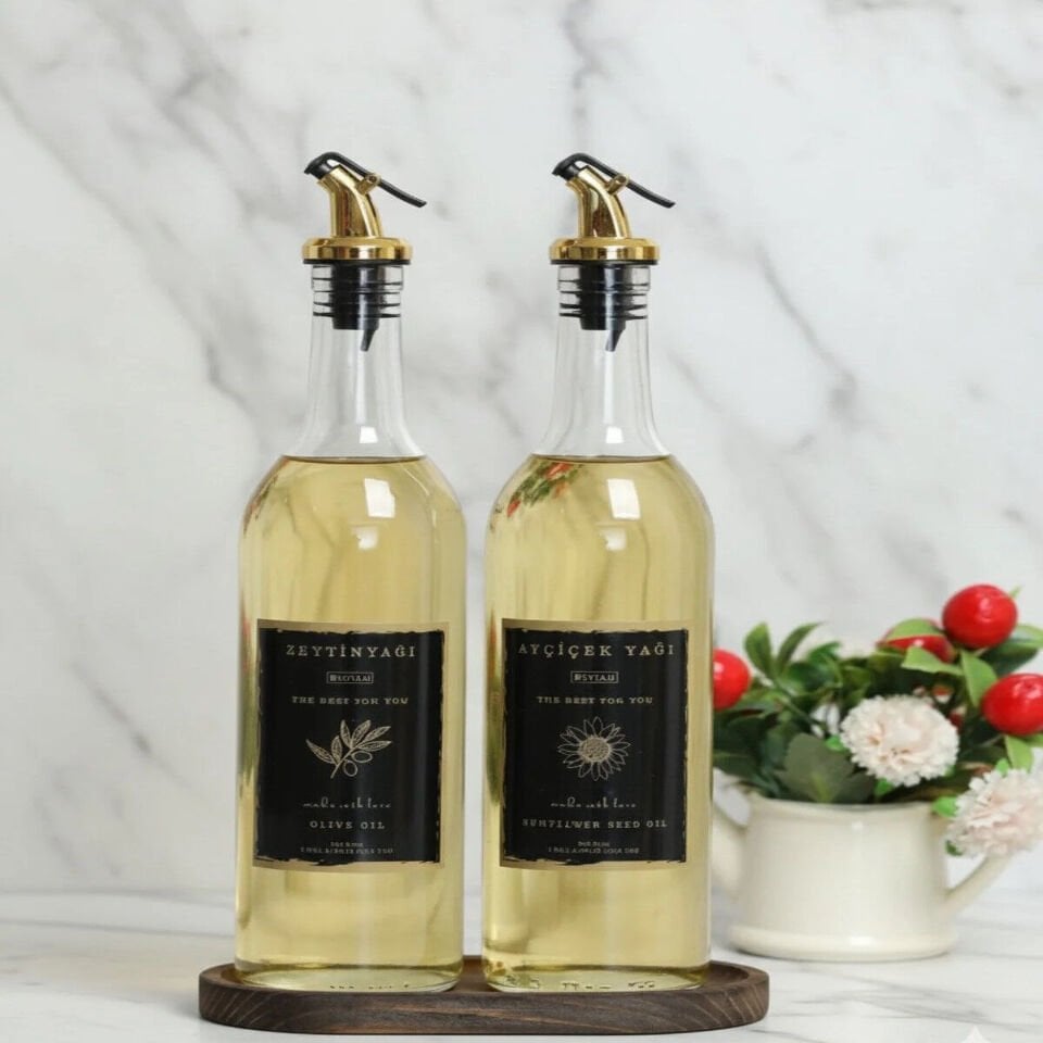 Ahşap Stantlı Şeffaf Gold Tıpalı 2 li 750 ml Ayçiçek Yağı Zeytinyağı cam Şişe yağdanlık