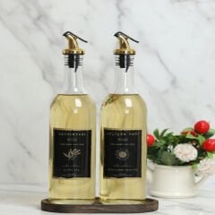 Ahşap Stantlı Şeffaf Gold Tıpalı 2 li 750 ml Ayçiçek Yağı Zeytinyağı cam Şişe yağdanlık