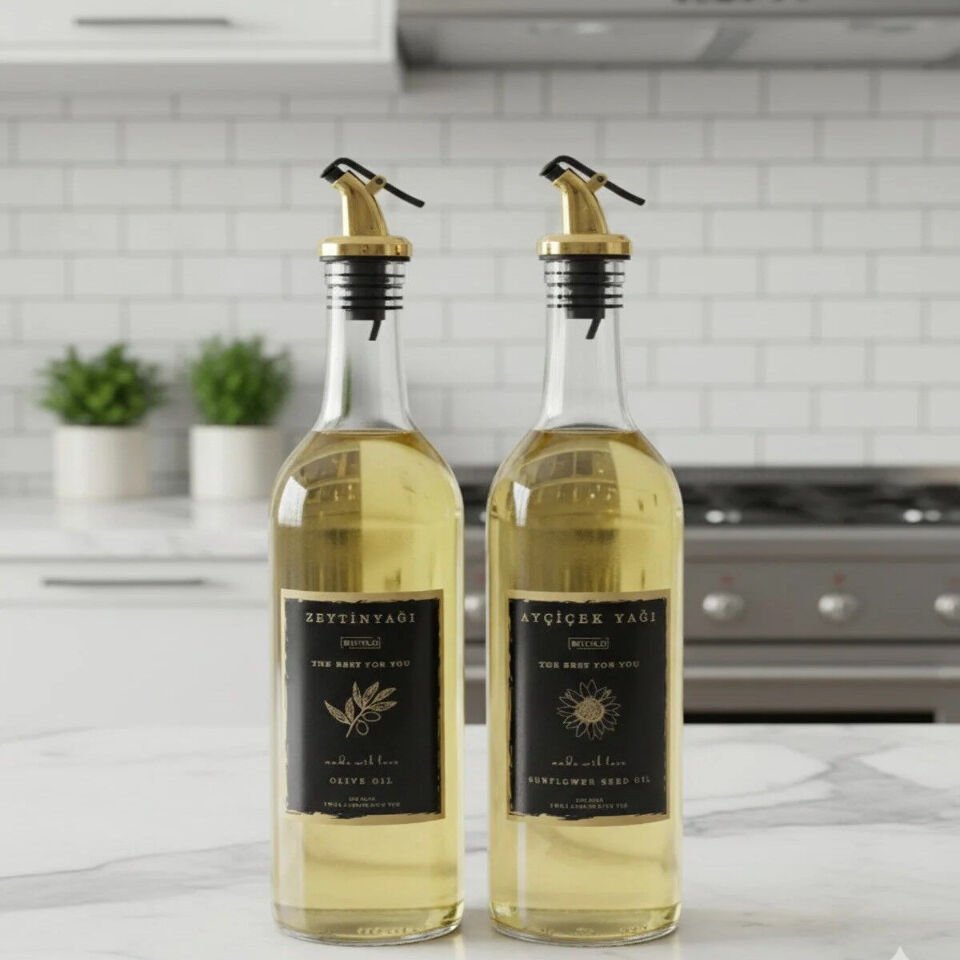 2 li Şeffaf Cam 750 Ml Gold Tıpalı Ayçiçek Yağı Zeytinyağı Yağdanlık Şişesi