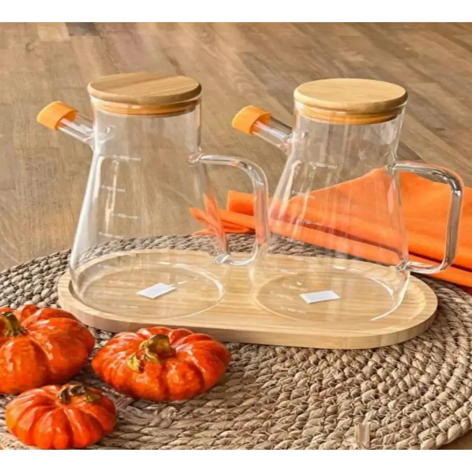 2'Li Yağdanlık Bambu Kapaklı Ve Bambu Altlıklı Yağlık Yağdanlık