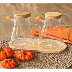 2'Li Yağdanlık Bambu Kapaklı Ve Bambu Altlıklı Yağlık Yağdanlık