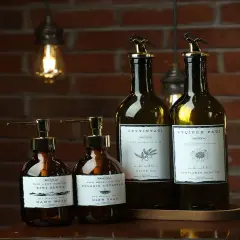 Ahşap Stantlı 5 parça 4 lü set Zeytinyagı Ayçiçek Yağı Sisesi ve Sıvı Sabun Bulaşık Deterjanı Şişesi