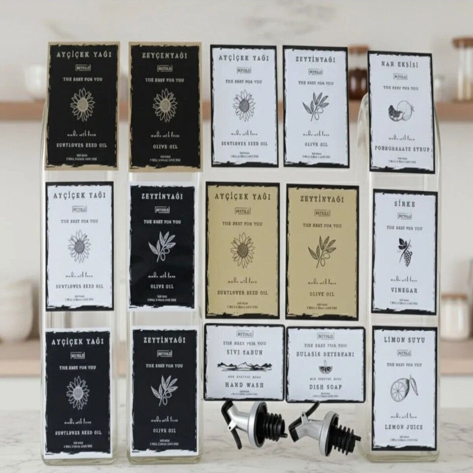 Yağdanlık Etiketleri Ve 2 Tıpa Ayçiçek Yağı Zeytinyağı Limon Suyu Sirke Nar Ekşisi Etiketleri